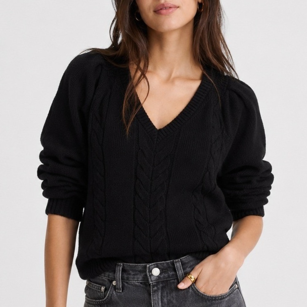 Madewell V Neck Pullover Sweater Merino Wool Cable Knit Trip Black NY444 XS NWT